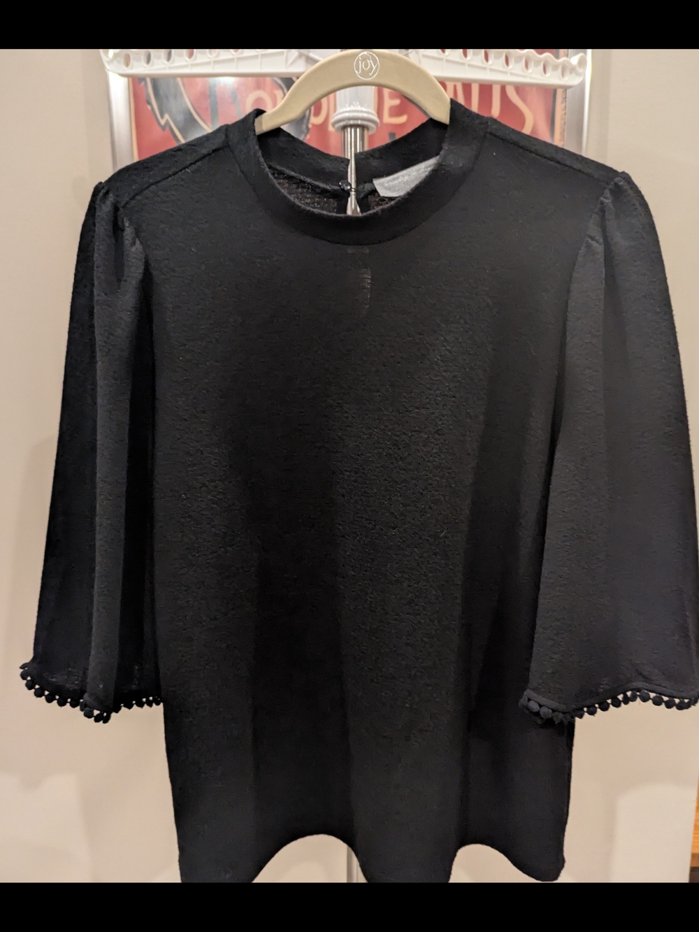 $25 Sunday in Brooklyn Anthropologie XL Black Bell Sleeve PomPom Trim Top Blouse